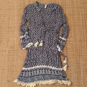 Cool Change Chloe Tunic - Navy Blue, White, Tassels Size Large